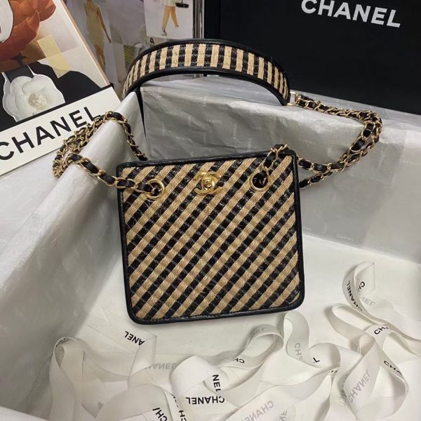 Chanel Raffia Drawstring Bucket Bag Beige/Black AS2421 1