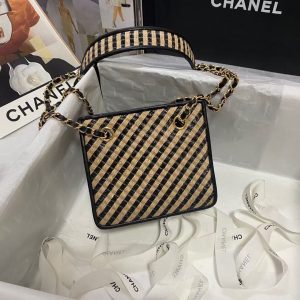 Chanel Raffia Drawstring Bucket Bag Beige/Black AS2421 9