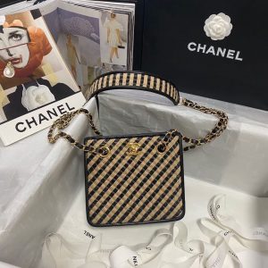 Chanel Raffia Drawstring Bucket Bag Beige/Black AS2421 11