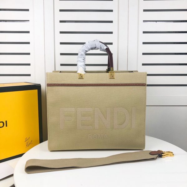 FENDI Sunshine medium leather-trimmed appliquéd canvas tote 1