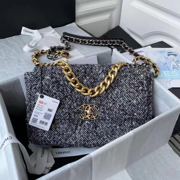 Chanel 19 large handbag gray and milky white wool 1