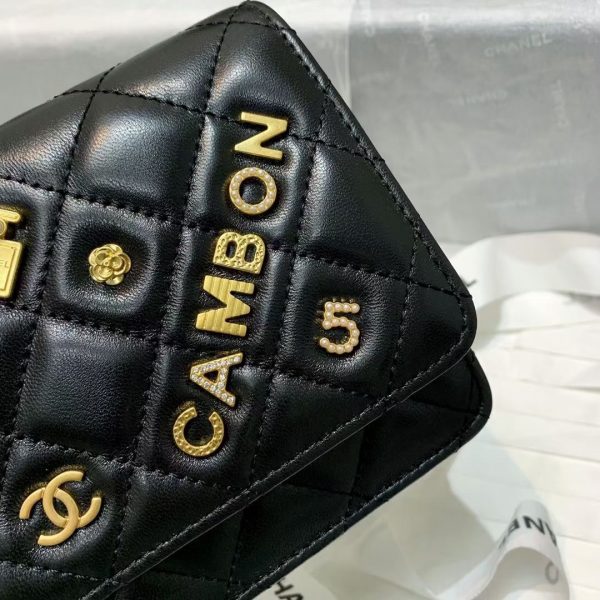 Chanel Lambskin Wallet Bag with Chain WOC and Emblem Charm Black 3