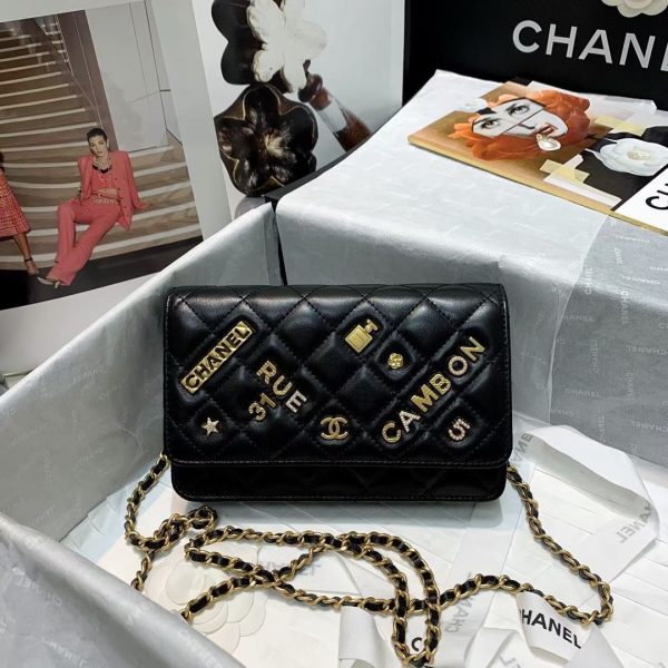 Chanel Lambskin Wallet Bag with Chain WOC and Emblem Charm Black 4