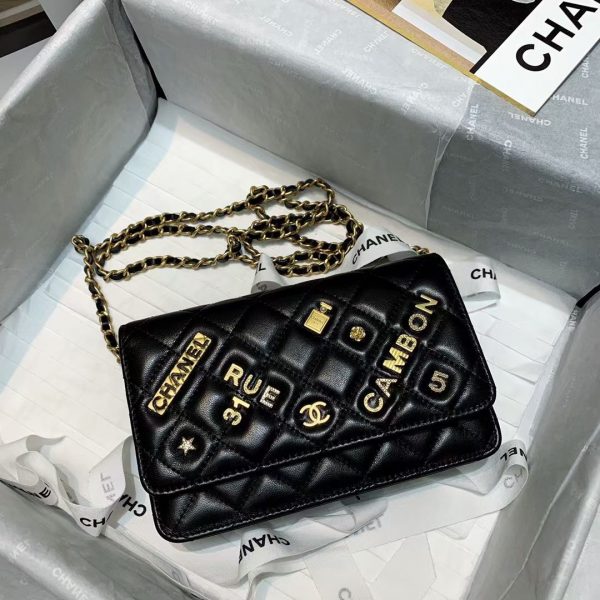 Chanel Lambskin Wallet Bag with Chain WOC and Emblem Charm Black 1