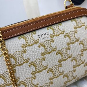 CELINE CLUTCH WITH CHAIN IN TRIOMPHE CANVAS AND LAMBSKIN WHITE/TAN 16