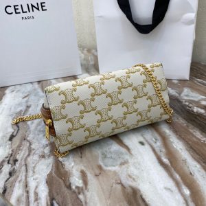 CELINE CLUTCH WITH CHAIN IN TRIOMPHE CANVAS AND LAMBSKIN WHITE/TAN 17