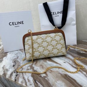 CELINE CLUTCH WITH CHAIN IN TRIOMPHE CANVAS AND LAMBSKIN WHITE/TAN 19