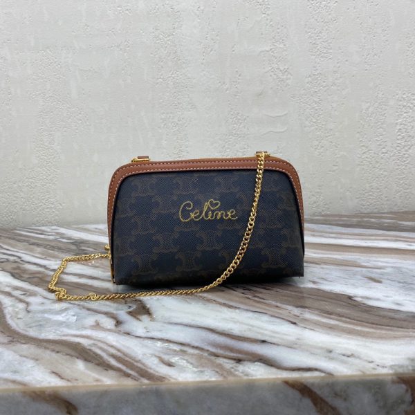 CELINE CLUTCH WITH CHAIN IN TRIOMPHE CANVAS WITH EMBROIDERED CELINE TAN 1