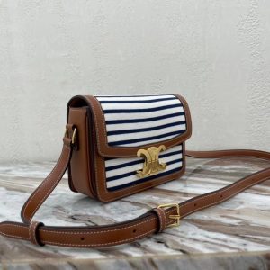 CELINE MEDIUM TRIOMPHE BAG IN STRIPED TEXTILE AND CALFSKIN NAVY / TAN 12