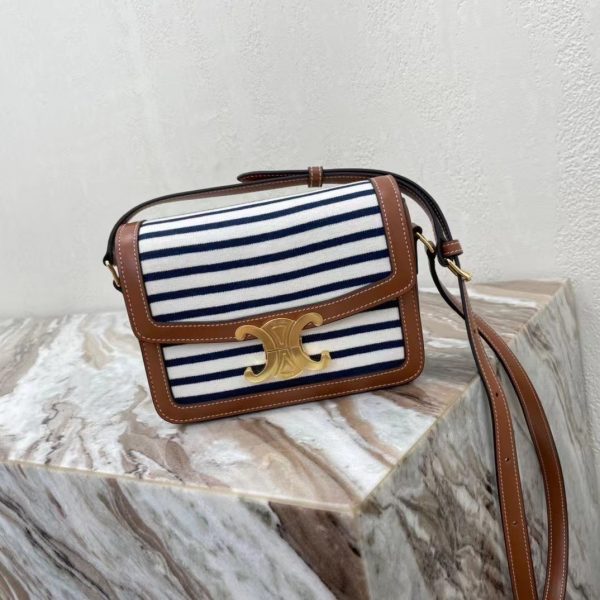 CELINE MEDIUM TRIOMPHE BAG IN STRIPED TEXTILE AND CALFSKIN NAVY / TAN 3