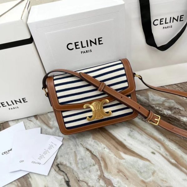 CELINE MEDIUM TRIOMPHE BAG IN STRIPED TEXTILE AND CALFSKIN NAVY / TAN 1