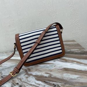 CELINE MEDIUM TRIOMPHE BAG IN STRIPED TEXTILE AND CALFSKIN NAVY / TAN 16