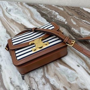 CELINE MEDIUM TRIOMPHE BAG IN STRIPED TEXTILE AND CALFSKIN NAVY / TAN 19