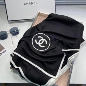 Chanel Silk Cashmere Scarf Black Ivory Trimmed 6