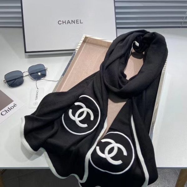 Chanel Silk Cashmere Scarf Black Ivory Trimmed 1