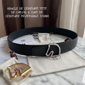 HERMES-BOUCLE DE CEINTURE TETE DE CHEVAL & CUIR DE CEINTURE REVERSIBLE 38MM black Belts 17