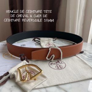 HERMES-BOUCLE DE CEINTURE TETE DE CHEVAL & CUIR DE CEINTURE REVERSIBLE 38MM black orange Belts 15