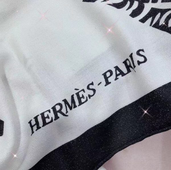 HERMES BLACK AND SILVER SILK CASHMERE SQUARE SCARF 2