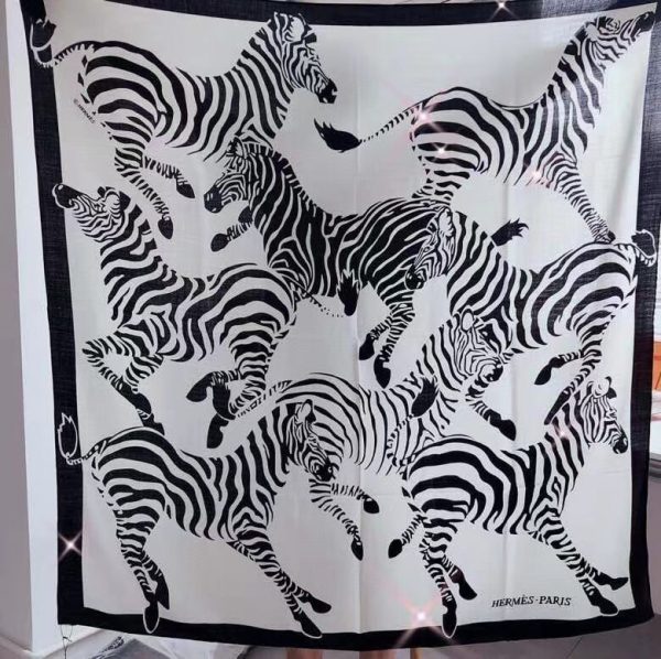 HERMES BLACK AND SILVER SILK CASHMERE SQUARE SCARF 1