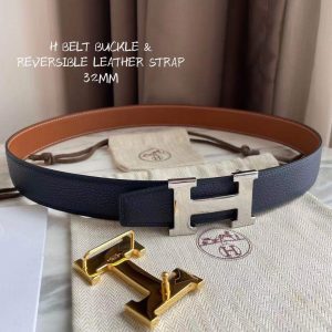 Hermes-H BELT BUCKLE & REVERSIBLE LEATHER STRAP 32MM blue brown Belts 17