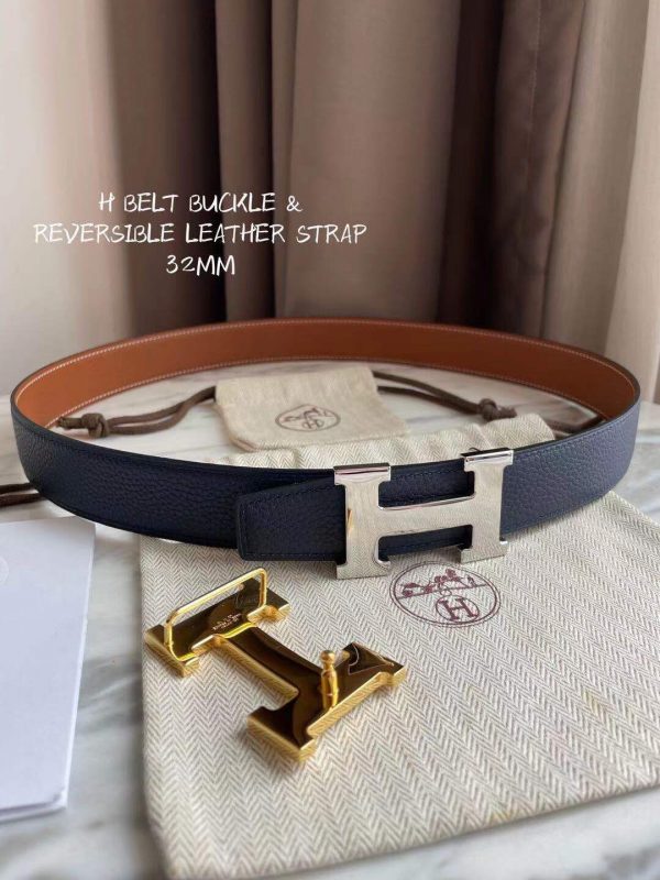 Hermes-H BELT BUCKLE & REVERSIBLE LEATHER STRAP 32MM blue brown Belts 9