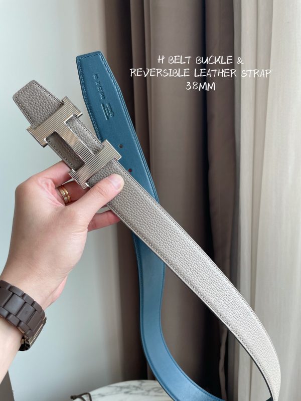Hermes-H BELT BUCKLE & REVERSIBLE LEATHER STRAP 38MM blue gray Belts 3